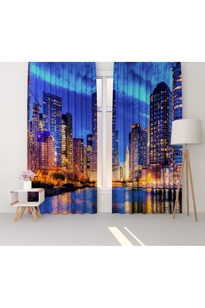 Elmas Dizayn Blue Brown 3D Digital PrinteD LanDscape - 140cm*240cm, Double BlaDes, 2 BackgrounD Curtains