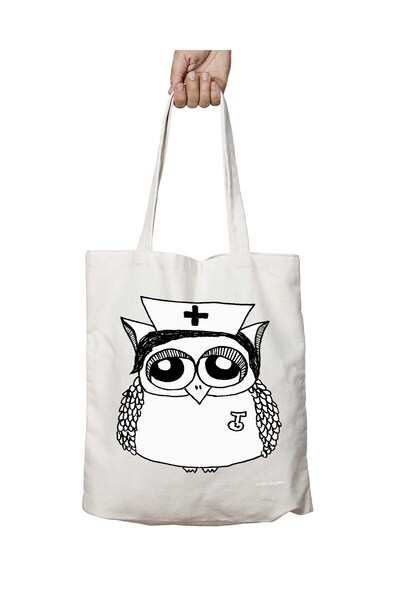 ART HEDİYE Nurse Owl Printed - Washable Permanent Shoulder Tote Bag