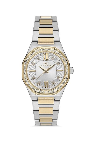 FERRO Women's Silver-Yellow Color Stoned Wrist Watch + Bracelet Gift