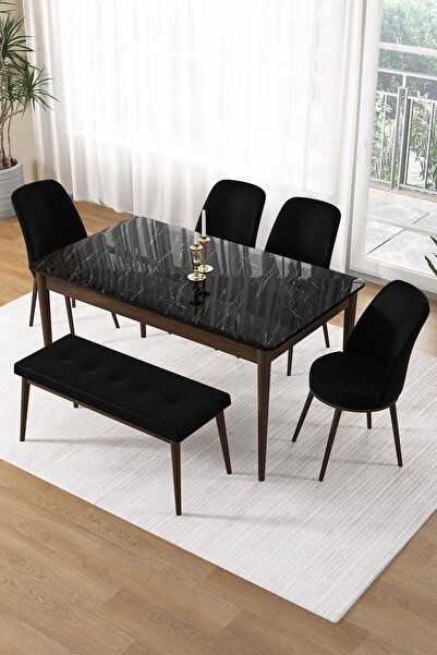 Canisa Pir Serisi 80x130 Sabit Siyah Mermer Desen Kahve Ayak Masa Takımı 4 Si...