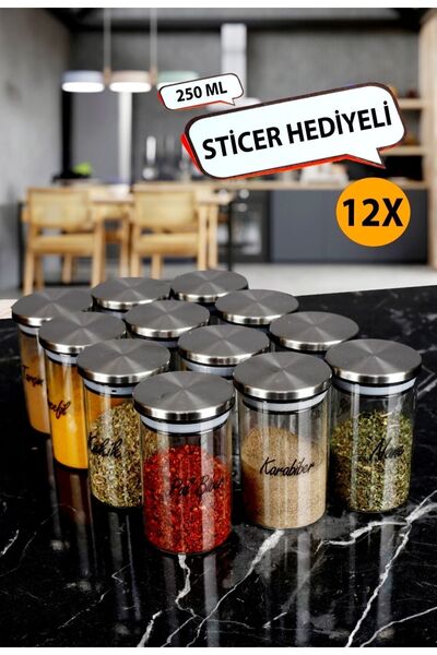 Pembelia Life 12'li Etiketli 250 ml Metal Vakumlu Kapaklı Borosilikat Cam Baharatlık Saklama Kabı Seti