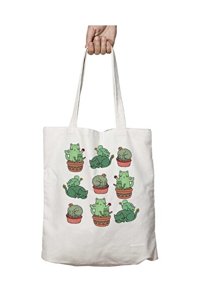 ART HEDİYE قطط الصبار - حقيبة كتف مطبوعة على الجانبين وقابلة للغسل