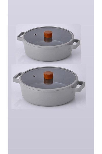 NEOFLAM Fika Gray Aluminum Casting Set of 2 Shallow Pilaf Karnıyarık Casserole Set 30 cm and 26 cm