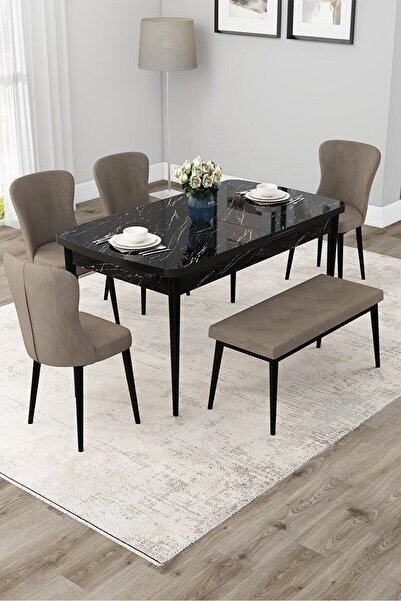 Canisa Due Serisi 80x132 Açılabilir Siyah Mermer Desen Yemek Odası Takımı 4 C...