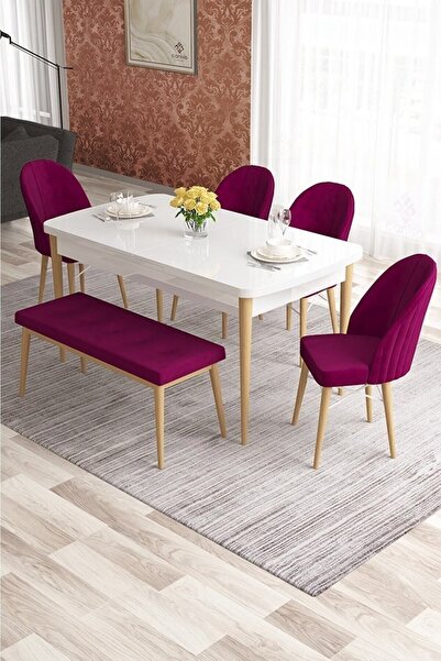 Canisa Elf Serisi 80x132 Barok Ahşap Desenli Masa 4 Mürdüm Sandalye 1 Bench G...