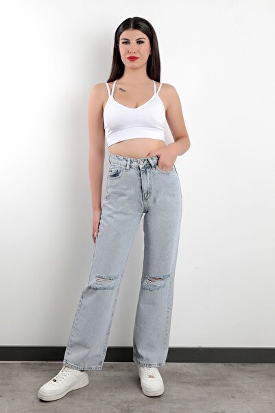 John Borners Ice Blue Palazzo Jean - Blugi 100% bumbac pentru femei cu decolt...