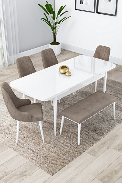 Canisa Lia Serisi 80x132 Açılabilir Mutfak Masası Takımı Beyaz Masa 4 Cappucino Sandalye 1 Bench