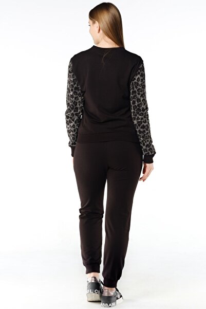 RICH GLAM Плюс размер Черен памучен анцуг с леопардови кристали и скъпоценни камъни - удобен с цип