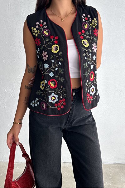 FEMELLE Чорний жилет з вишитим квітковим візерунком