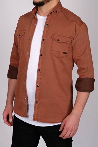 bombe Slim Fit Erkek Pamuklu Kot Gömlek Kiremit