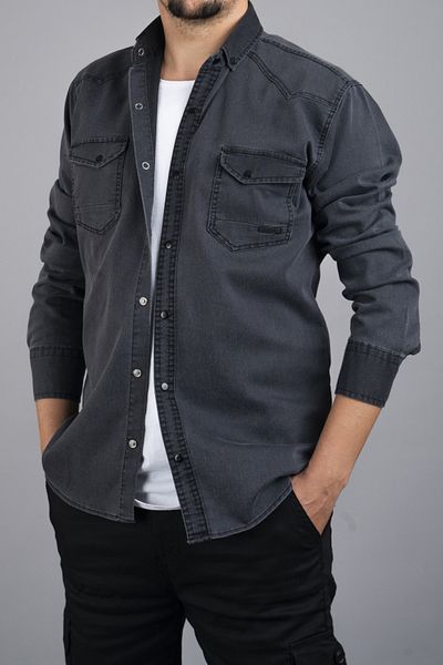 bombe Bavlněná džínová košile Slim Fit v kouřové barvě