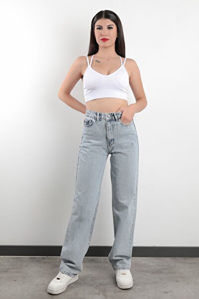 John Borners Blugi Boyfriend cu talie înaltă Ice Blue - Blugi pentru femei 100% bumbac Jb Paris Pipe Leg - 591-2139