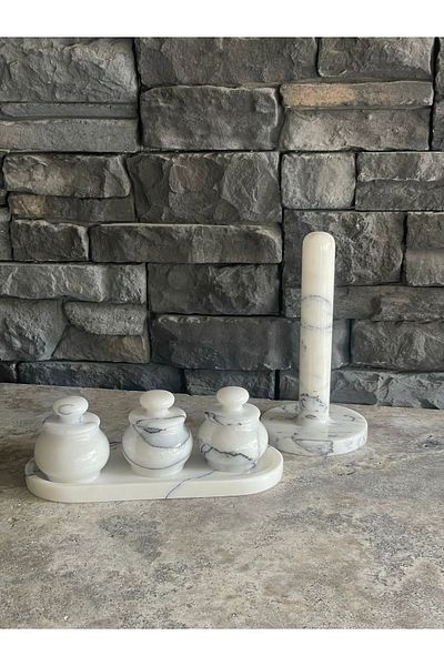 Polen Stone Lilac Marble 5-Piece Kitchen Set, Sauce Bowl and Tissue Holder