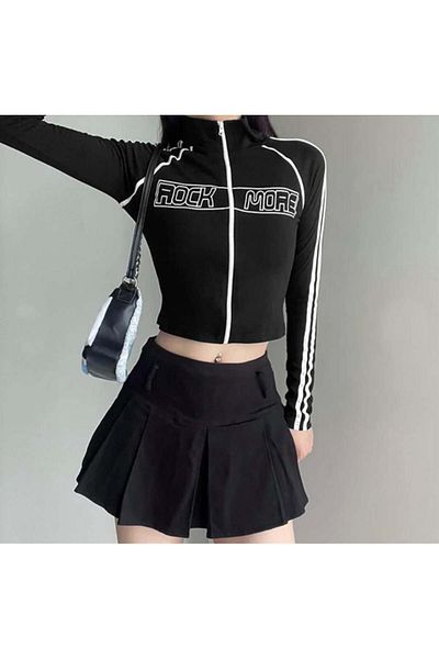 GOSSİP TEAM Gossip Team Y2K Streetwear - Top crop negru cu imprimeu Rockmore, cu mânecă lungă și fermoar