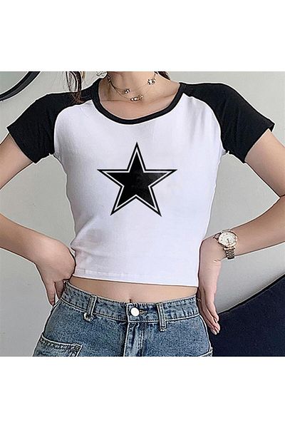 GOSSİP TEAM Gossip Team - Crop Top alb retro, mânecă raglan, imprimeu cu stele