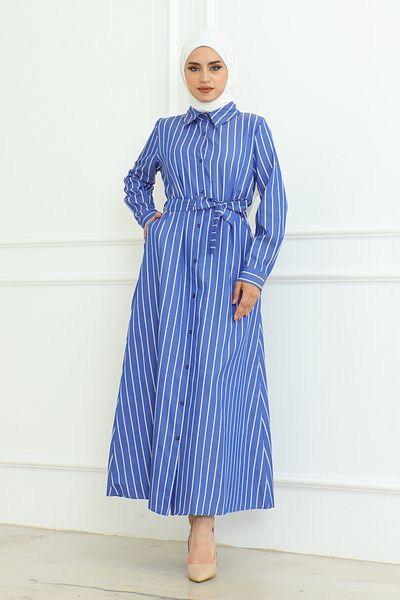 Eliva Saks Blue White Striped Satin Hijab Dress - with Sash Belt