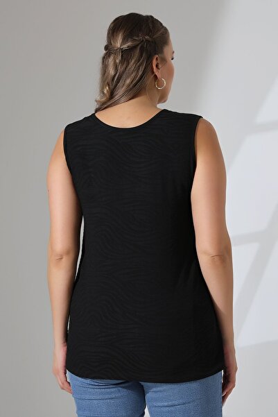 Şiir Jaspers Black Devore Detailed Plus Size Blouse - Front/Back Use and Side Slit