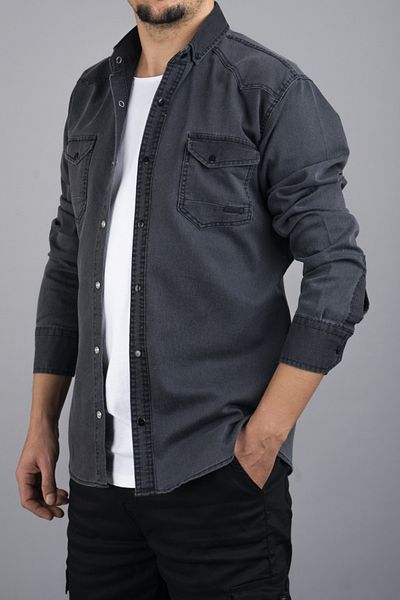 bombe Bavlněná džínová košile Slim Fit v kouřové barvě