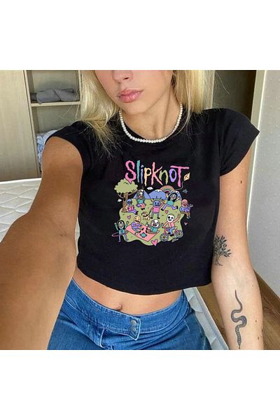 GOSSİP TEAM Crop negru imprimat Slipknot - Seria Gossip Team Rock