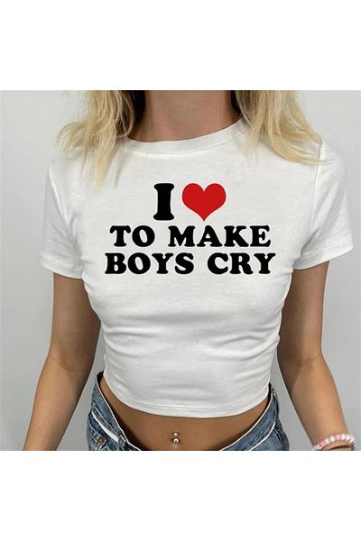 GOSSİP TEAM Gossip Team - Crop Top alb, imprimat „I Love To Make Boys Cry”