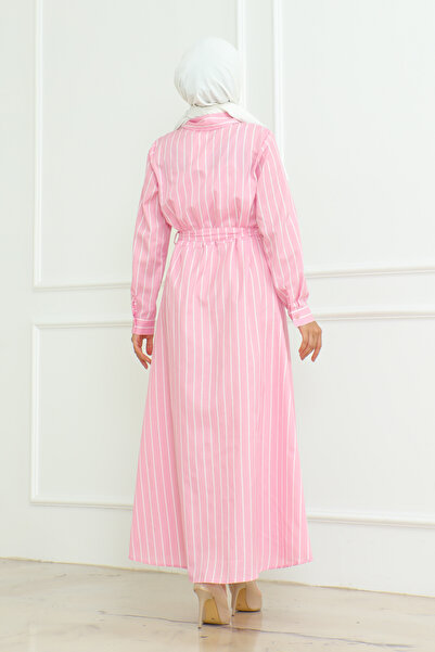 Eliva Ροζ Σατέν Λευκό Ριγέ - Μουσουλμανικό Φόρεμα με Ζώνη
