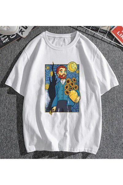 GOSSİP TEAM Van Gogh STarry NighT PaTTerned WhiTe Unisex Oversize T-shirt - Gossip Team