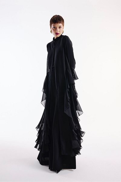 Nuum Design Chiffon Abaya with Flywheel Detail Black + Shawl