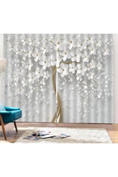 Elmas Dizayn SPECIAL PRODUCTION 3D DIGITAL PRINT WHITE FLOWER 140 CM * 240 DOUBLE WING 2 PIECES FON CURTAIN