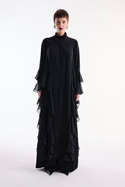 Nuum Design Chiffon Abaya with Flywheel Detail Black + Shawl