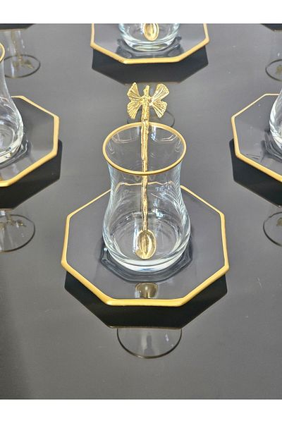 Barok Atlas18 Piece Tea Set Black Eva Cup with Butterfly Teaspoon (Black Glass Tea Plate)