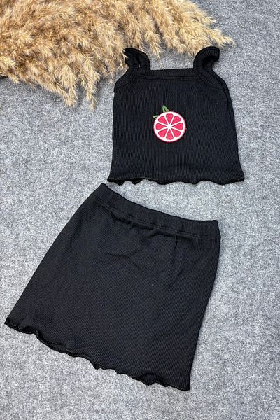 ADABEBEK Black Rope Suspender Skirt Crop Bottom Top Set with Orange Accessories