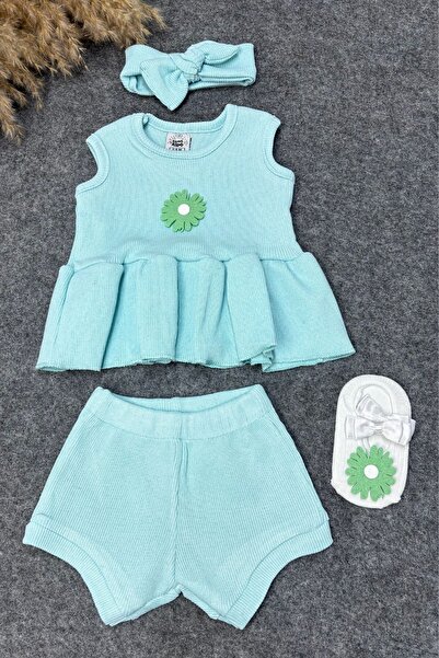 ADABEBEK Green Floral Patterned Baby Combination - Ballerinas and Bandanas