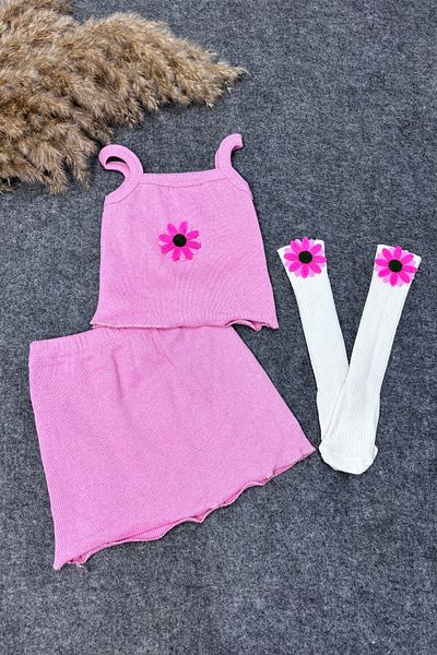 ADABEBEK Corded Crop Skirt and Pink Floral Accessory Combination Set