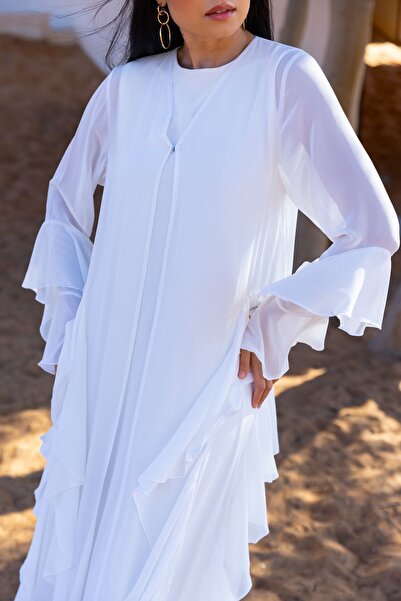 Nuum Design Chiffon Abaya White + Shawl with Flywheel Detail