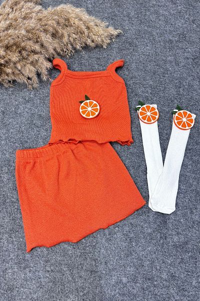 ADABEBEK Orange Slice Ballerina Socks Strap Crop Skirt Suit Combination