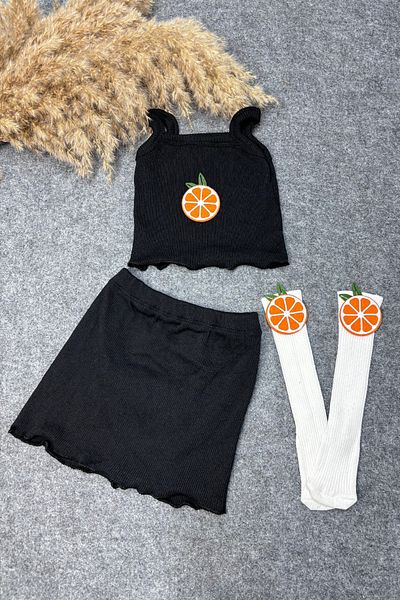 ADABEBEK Crop Skirt Set with Orange Accessories, Ribbed Socks and Rope Strap