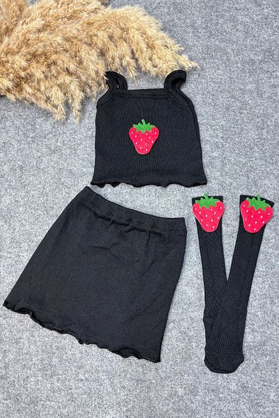 ADABEBEK Corded strawberry patterned Knee-length Socks Crop Skirt and Top Set - Rope strap