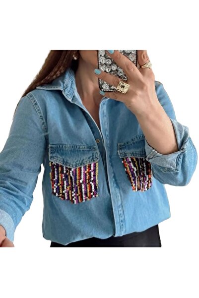 Butik Jean Gömlek  - Renkli Payet Cep Detaylı