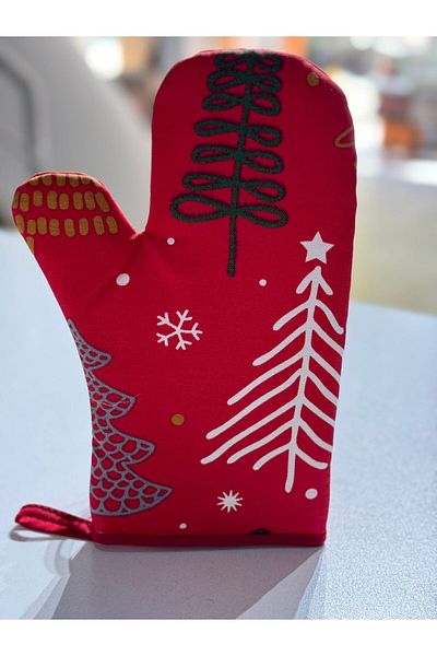 DÜŞLER EV TEKSTİLİ Red Pine Patterned Christmas Oven Gloves
