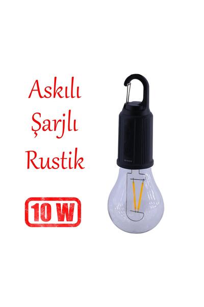 Badem10 Rustik Taşınabilir Şarjlı Tasarruflu Ampul 10W Led Lamba Type-c Şarj Askılı Asma Aydınlatma