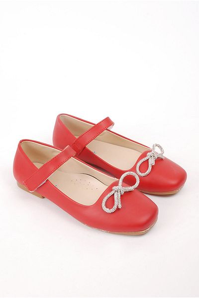 Rıdvan Çelik Red Stone Bow - Girl's Daily and Evening Dress Ballerina Shoes