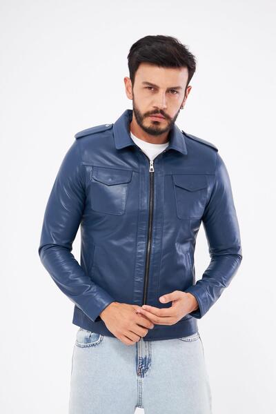 DERİNSS DER276 Hakiki Deri Erkek Mavi Mont