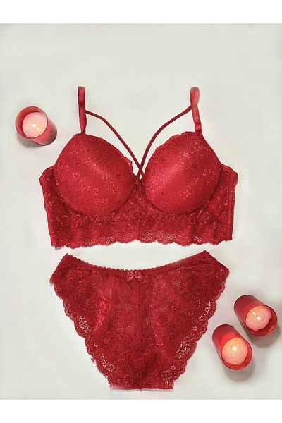 ECEM YILDIZ Women's Lace Unsupported Bralette Red Bra Set