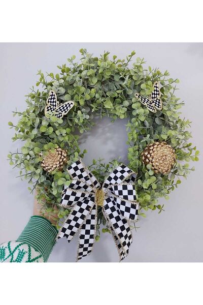 lolipophobi Şimşir Damalı Çelenk 40 Cm, Okaliptus Çelenk, Yapay Okaliptus, Yapay Şimşir, Yapay Yeşillik,