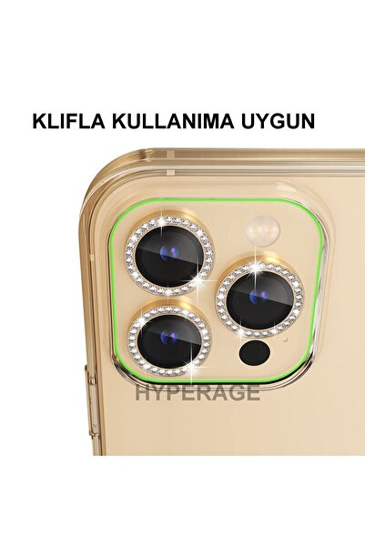 HyperAge Iphone 14 Pro Max & Iphone 14 Pro Uyumlu Taşlı Kamera Koruyucu Diamond Taşlı Gold (altın)
