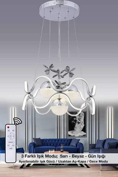 HİRALUCE Tibet 3 Color Controlled and Dimmer Chrome (Yellow White and Daylight) Led Crystal Stone Chandelier