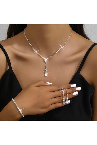 P Parla Minimalist Trendy Shining Rhinestone Copper Set - Long NecKlace, Earrings, Bracelet