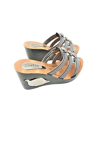 BRGL Women's Anatomical Sole Platform Wedge Heel Platinum Fancy Buttoned Slippers