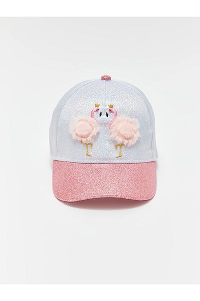 LC Waikiki Flamingo Patterned Girl's Cap Hat - Pink, Feather Detail and Adjustable Velcro