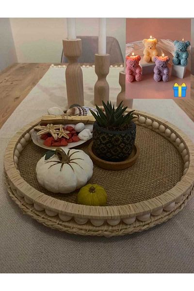 FN Wooden Beaded Natural Raffia Wicker Decorative Tray 27.5 Cm